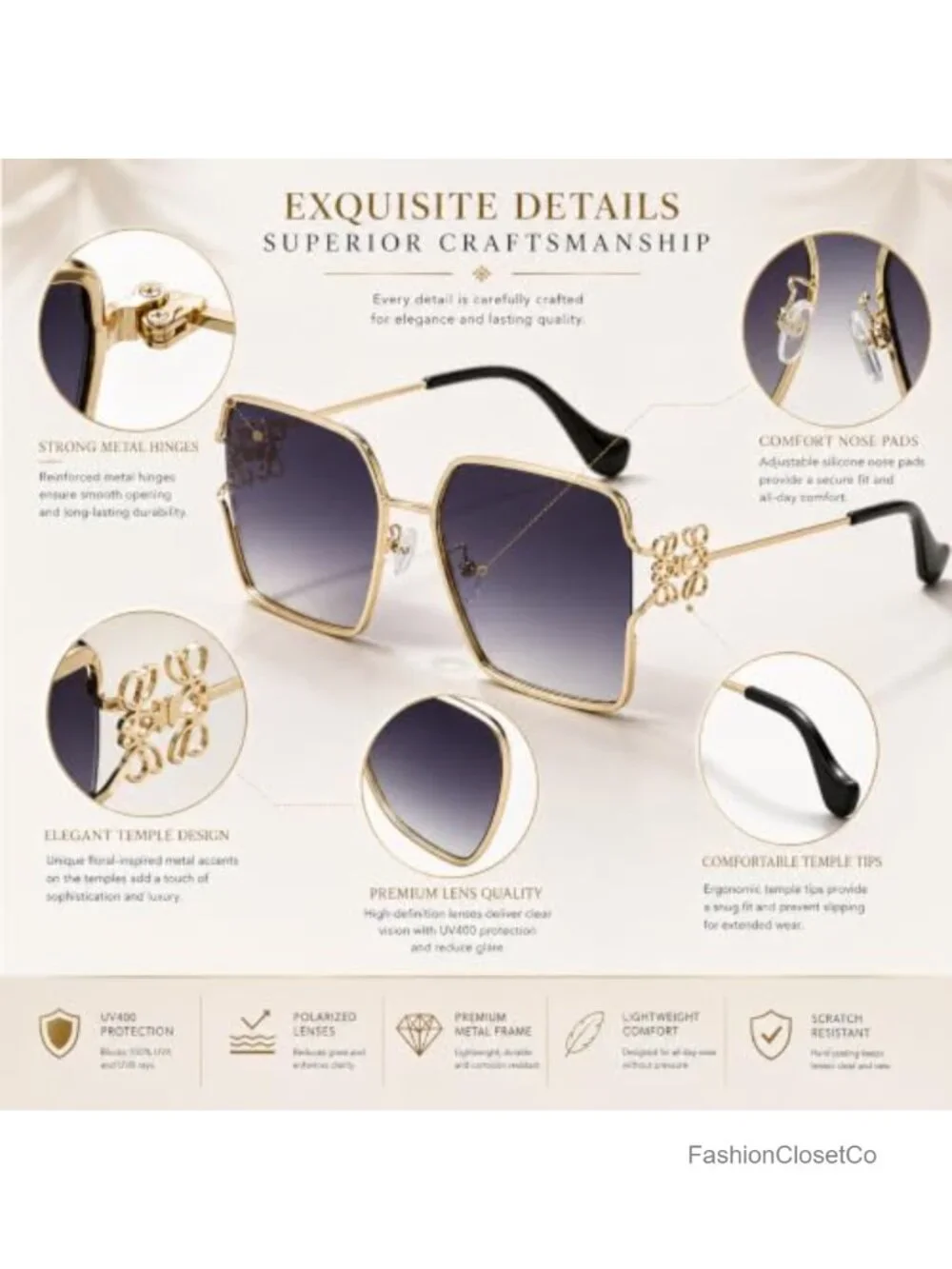 Women's Square & Oval Sunglasses Metal Floral Frame Polarized UV400